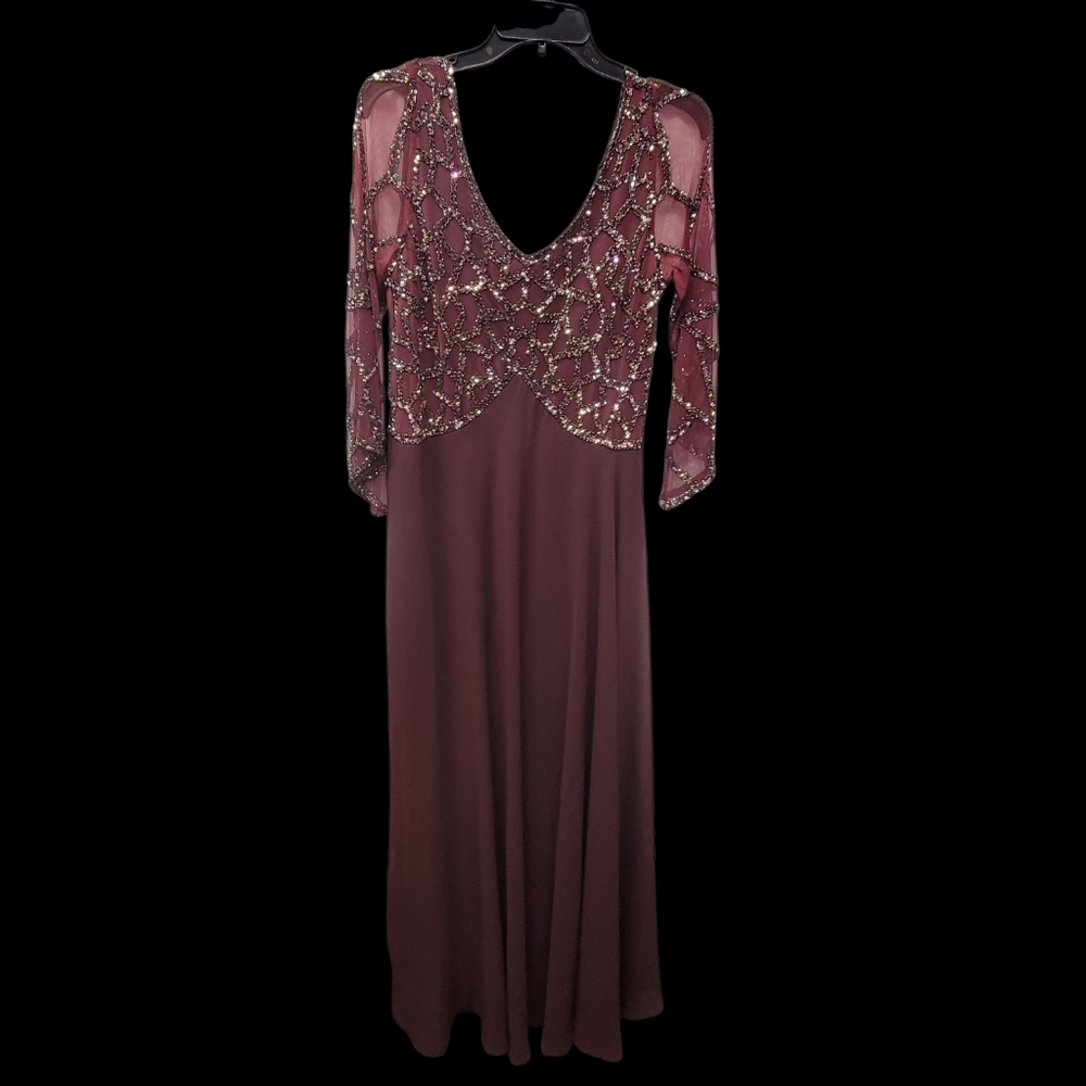 J Kara Burgundy Long Sleeve Gown with Sequin Detail
